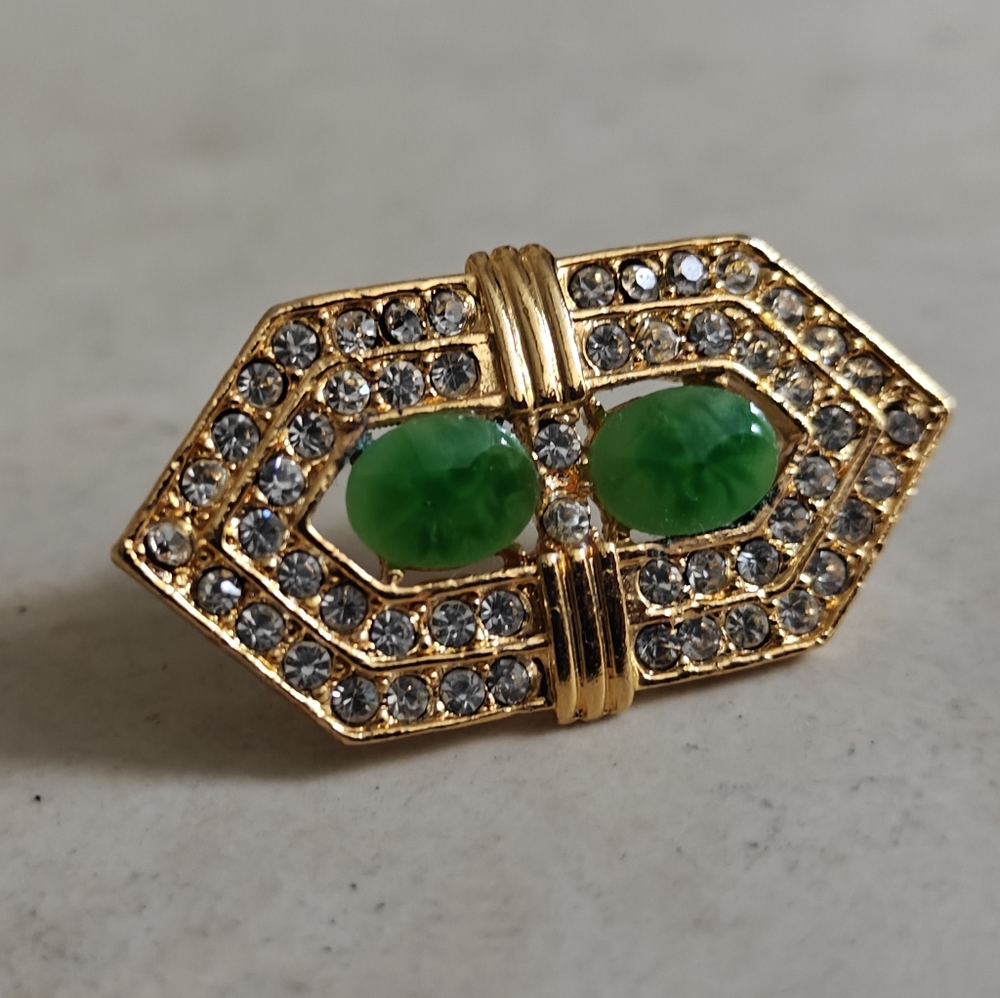 Elegant Signed Robert Mandle Gold & Faux Jade Brooch
